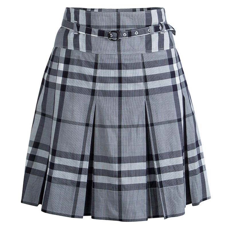 Burberry Grey Nova Check Cotton Pleated Belted Skirt M