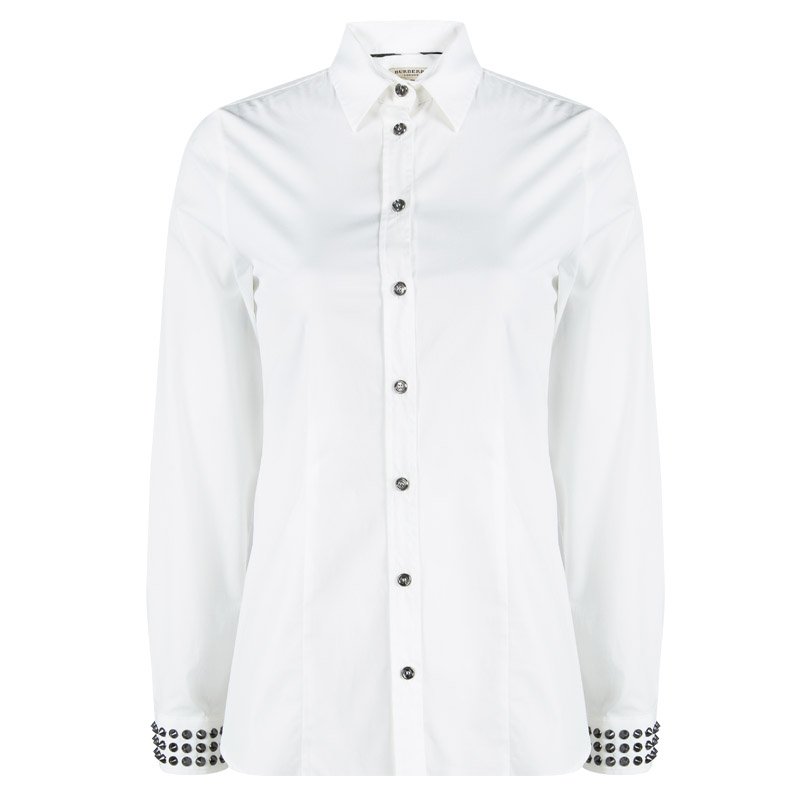 قميص بربري لند أبيض أساور أكمام مزخرفة أزرار أمامية S
