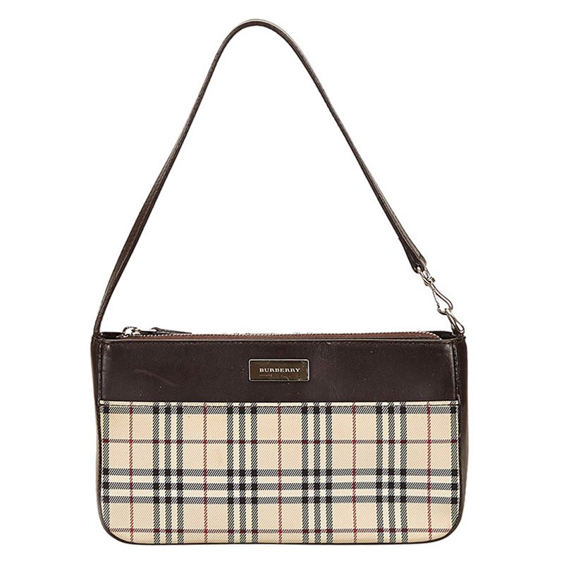 Pre Owned Burberry Dark Brown Plaid Canvas/Leather Shoulder Bag