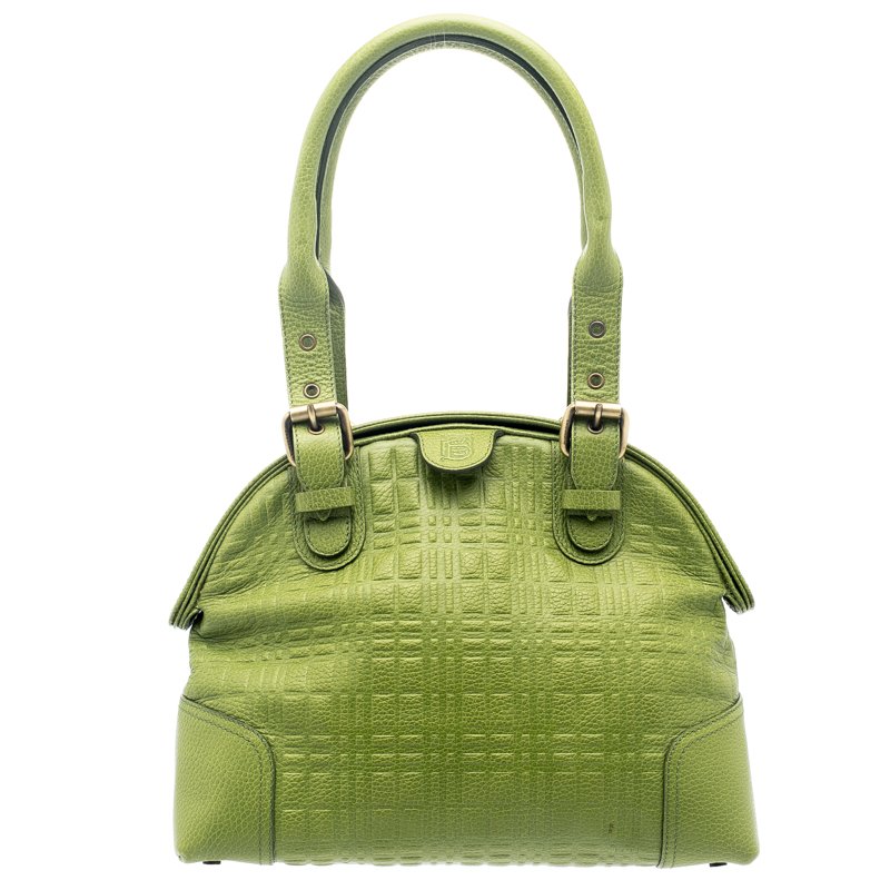 Pre Owned Burberry Green Embossed Check Leather Satchel