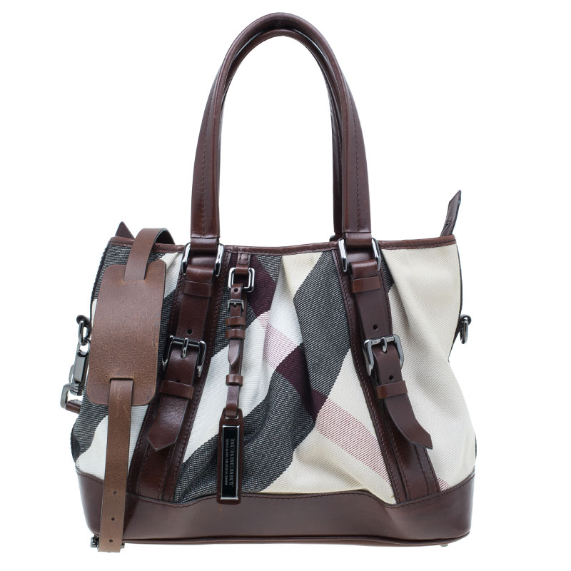 Pre Owned Burberry Brown Mega Check Canvas and Leather Lowry Tote
