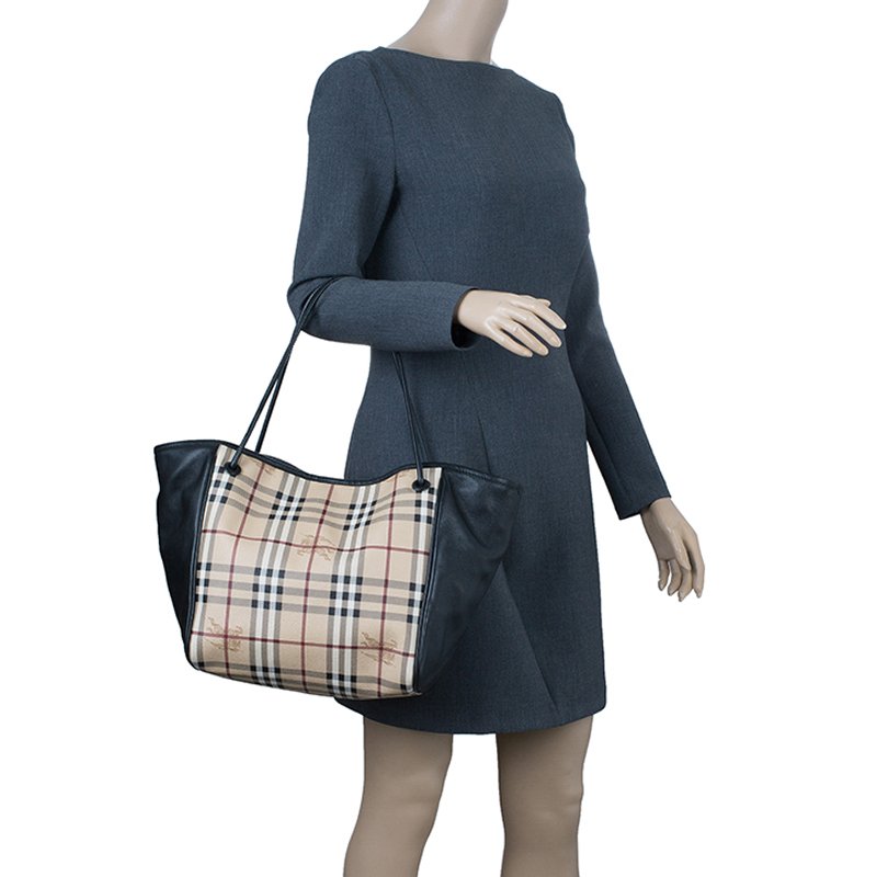Burberry Black Leather Haymarket Check Coated Small Knots Canterbury Tote Bag Burberry Black Leather Haymarket Check Coated Small Knots Canterbury Tote Bag