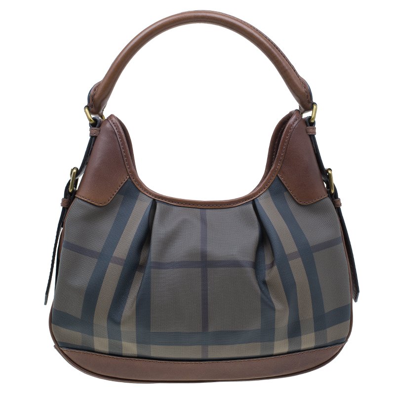 Burberry Dark Tan Check Coated Canvas Small Brooklyn Hobo