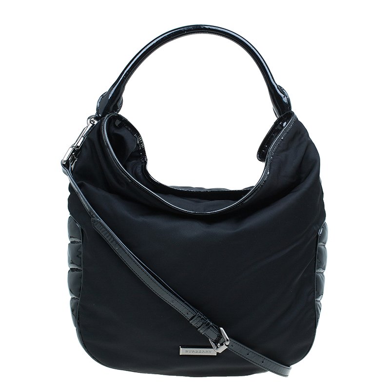 Pre Owned Burberry Black Nylon/Patent Leather Biker Hobo Bag