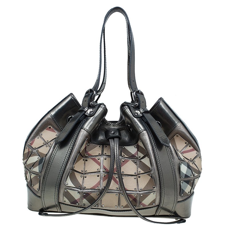 Pre Owned Burberry Metallic Silver Nova Check Leather Warrior Armor Hobo