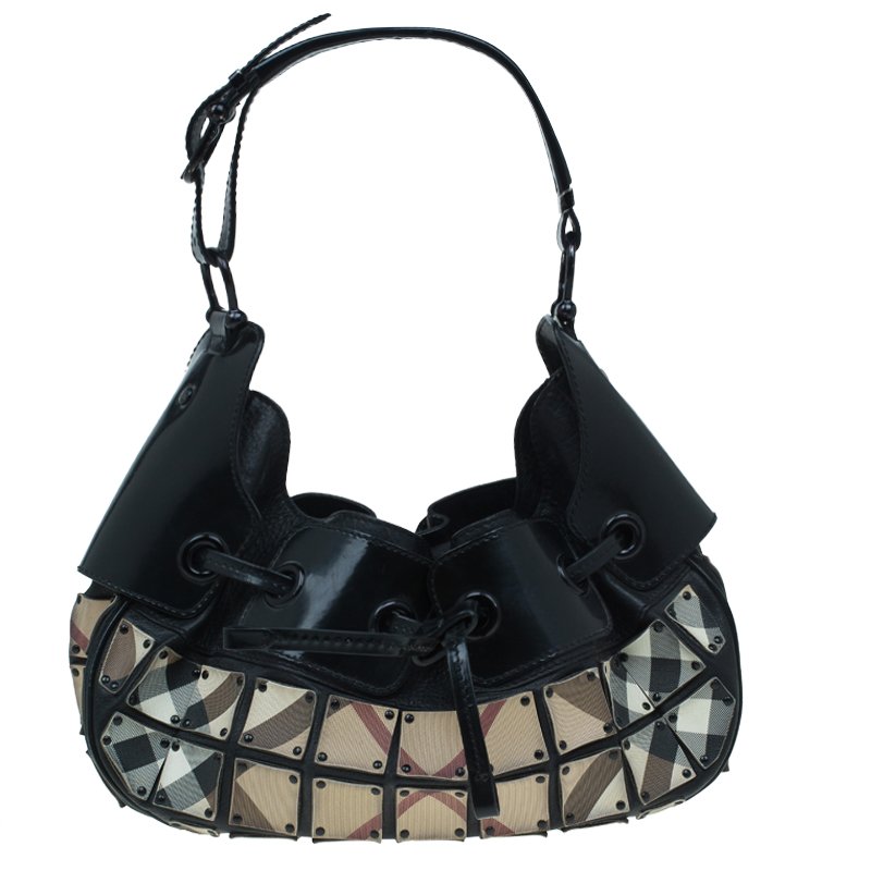 Pre Owned Burberry Black Nova Check Small Warrior Hobo
