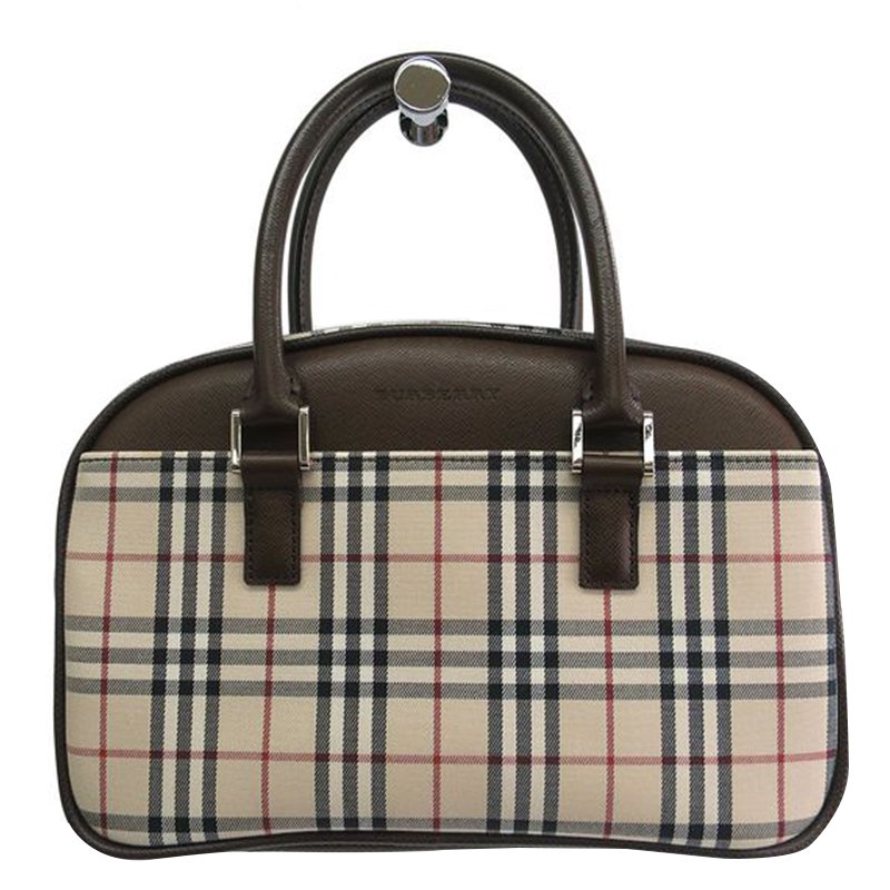 Pre Owned Burberry Haymarket Check Canvas and Leather Bowling Bag