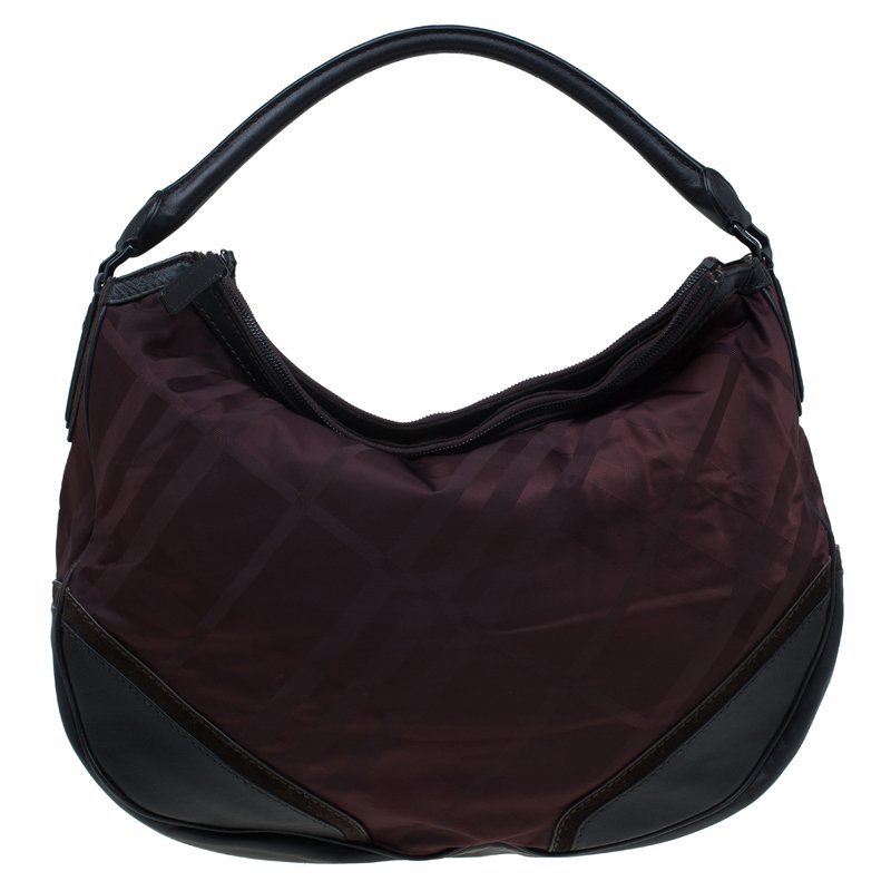 Pre Owned Burberry Burgundy Tonal Check Nylon Medium Maskell Hobo