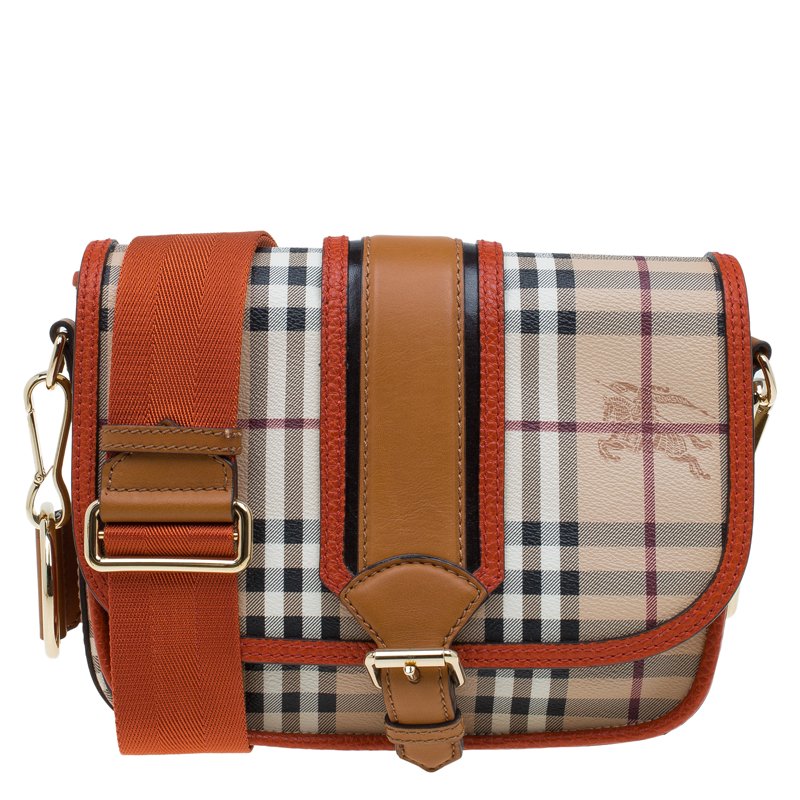 Burberry Beige/Orange Classic Check Coated Canvas Messenger Bag