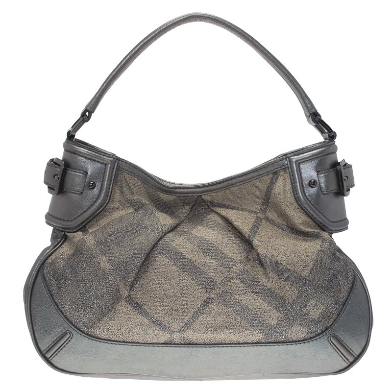Pre Owned Burberry Grey Canvas Medium Shimmer Check Fairby Hobo