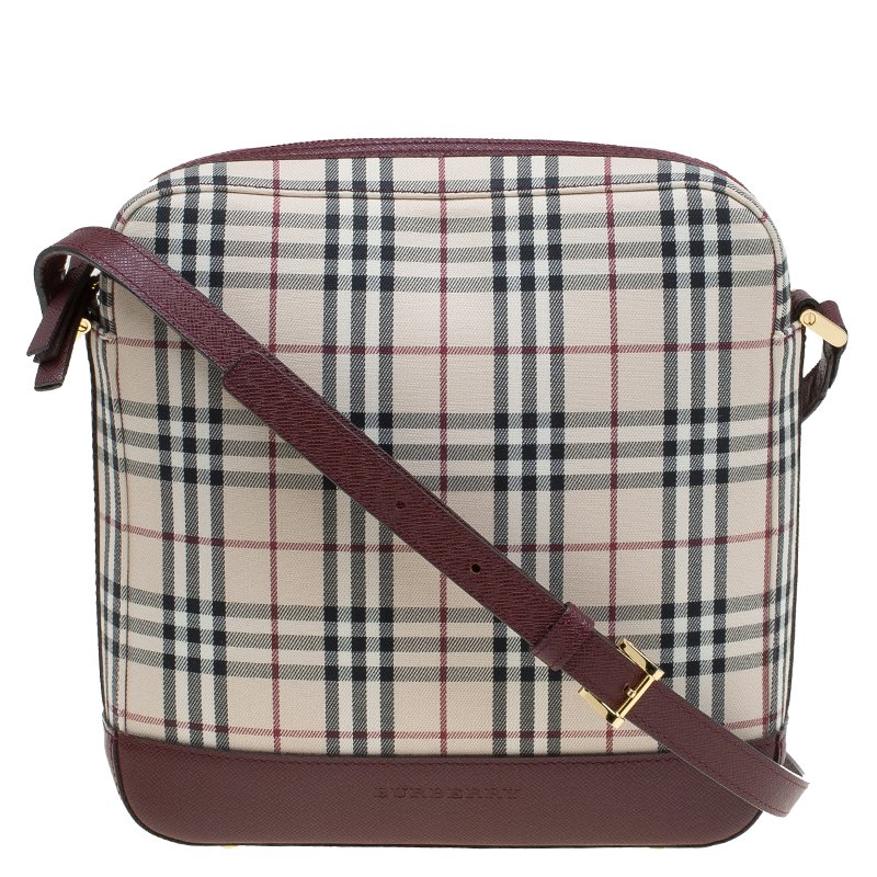 Pre Owned Burberry Burgundy Haymarket Check Canvas Crossbody Bag