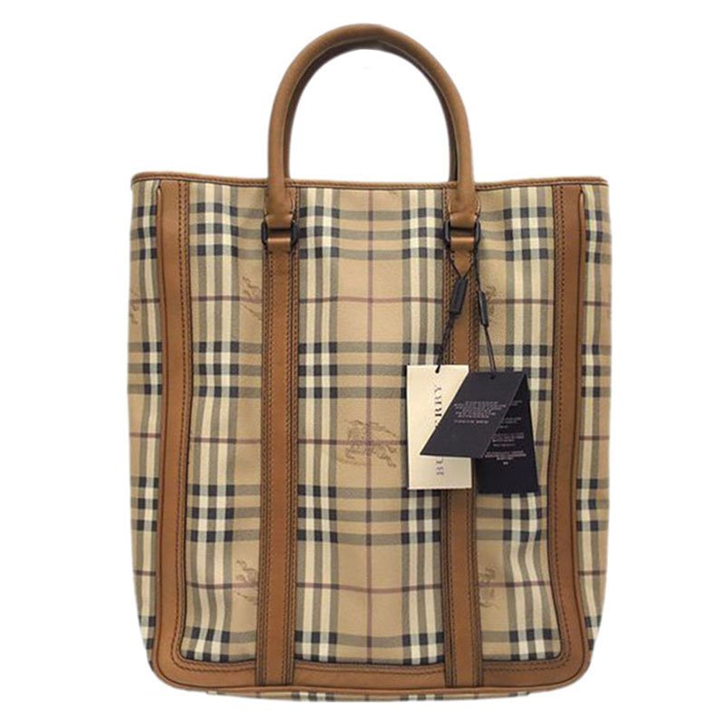 Pre Owned Burberry Brown Haymarket Check Coated Canvas Tote