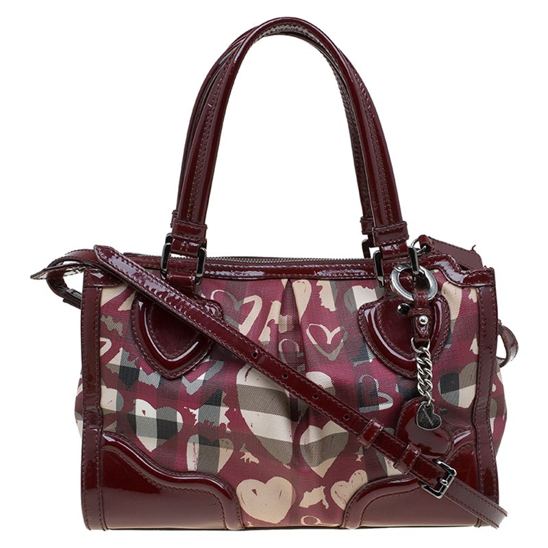  مملوكة مسبقًا Burberry Burgundy Nova Check Canvas Hearts Tote