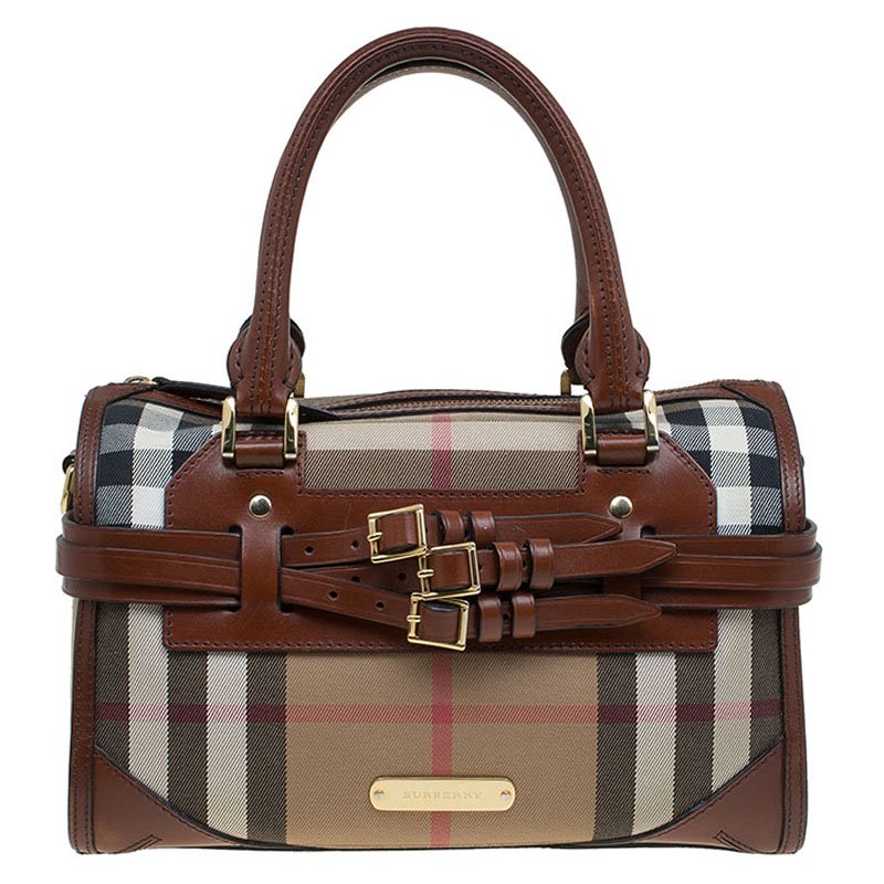 Burberry Brown House Check Leather Bridle Bowling Bag
