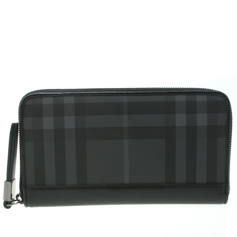 Pre Owned Burberry Black Beat Check Coated Canvas Zip Around Long Wallet