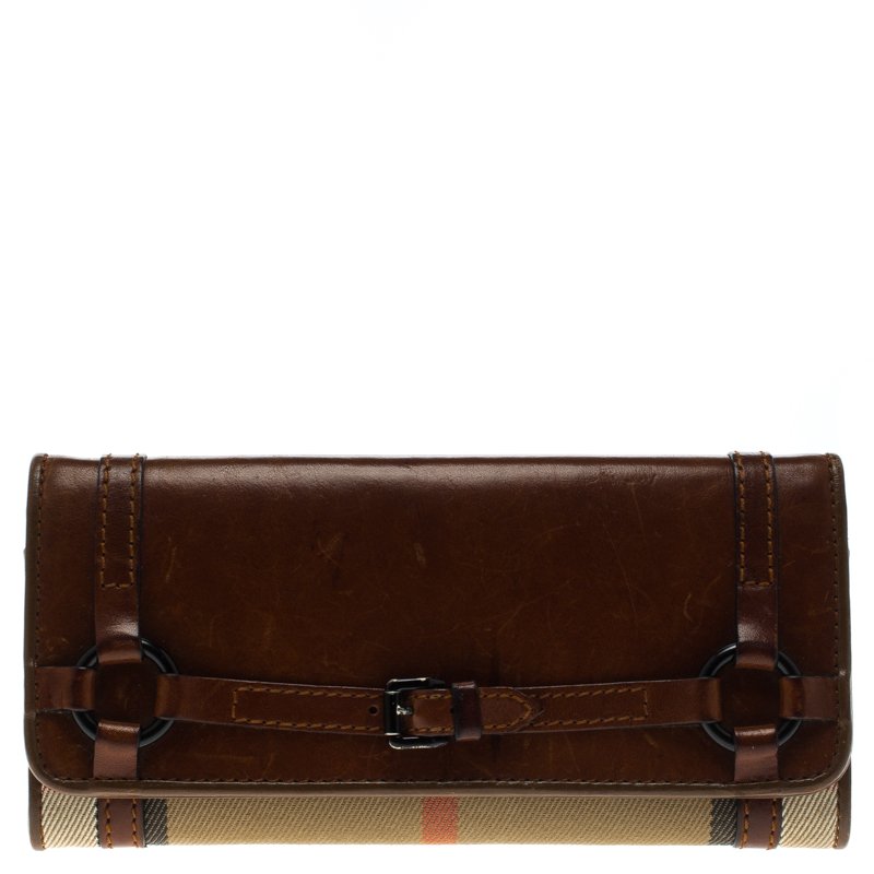 Pre Owned Burberry Brown House Check Leather Trim Flap Wallet