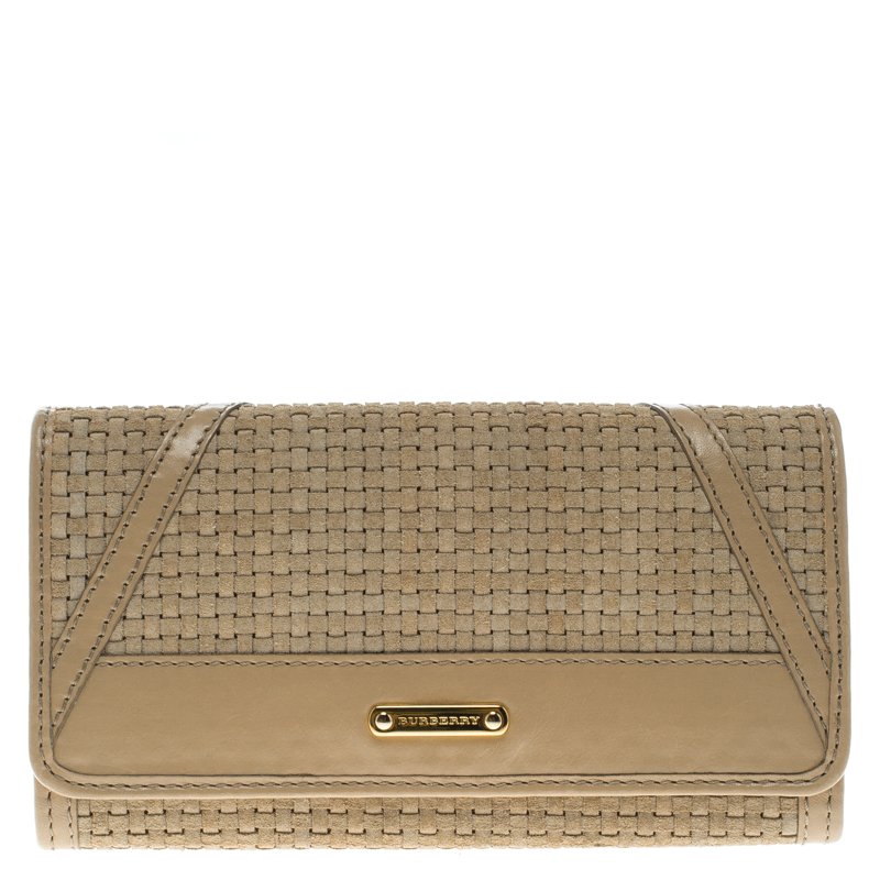 Pre Owned Burberry Beige Woven Suede Mixed Media Continental Wallet