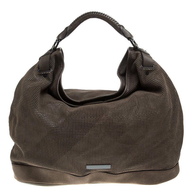 Pre Owned Burberry Grey Perforated Suede Oversize Hobo