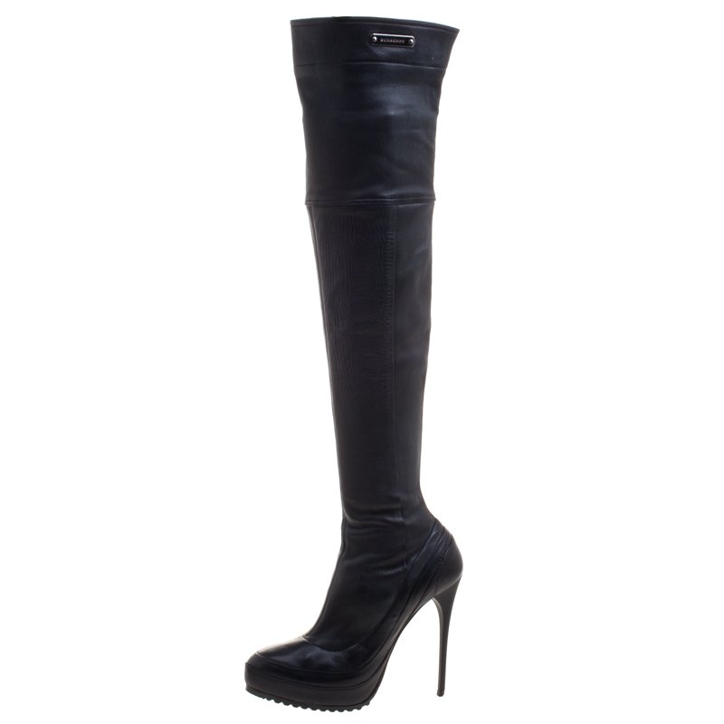 black leather over the knee heeled boots