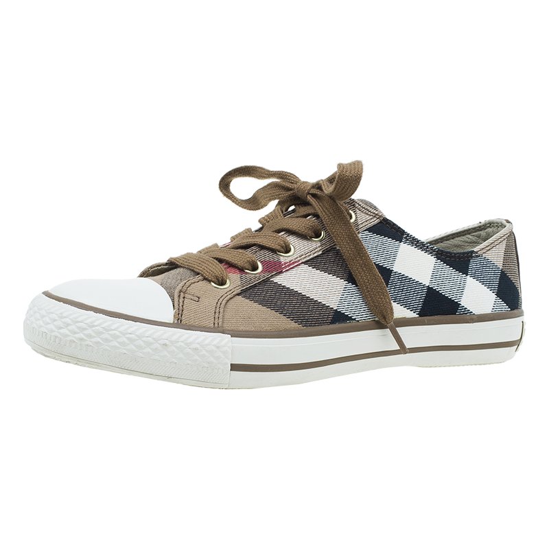 Pre Owned Burberry Beige Novacheck Canvas and Leather Sneakers Size 38
