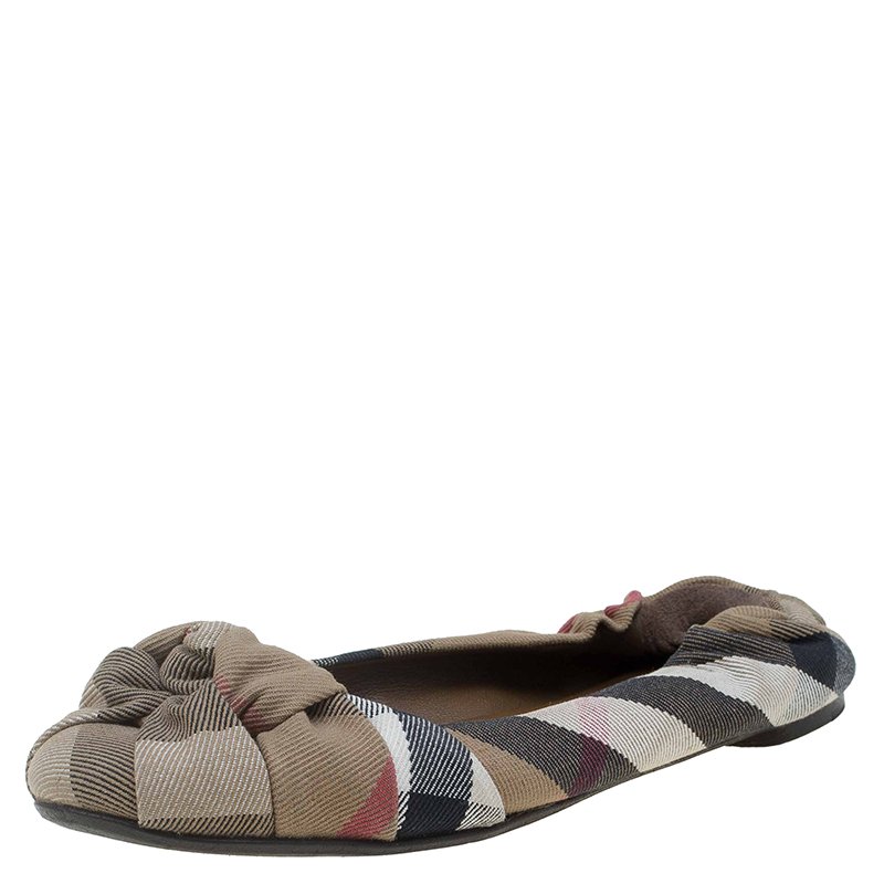 Pre Owned Burberry Brown Canvas Novacheck Knotted Ballet Flats Size 37