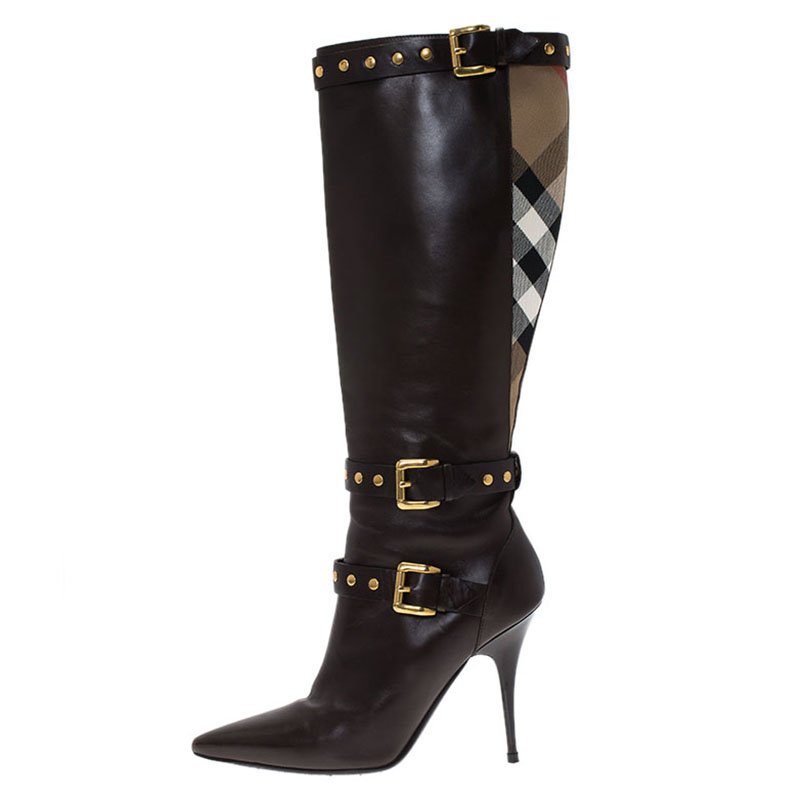 Burberry Brown Leather and Novacheck Canvas Bridle Rivet Knee Boots Size 38  Burberry | TLC