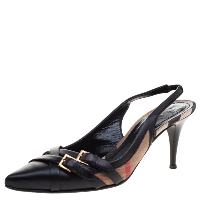 Pre Owned Burberry Black Leather And Novacheck Buckle Slingback Sandals Size 38