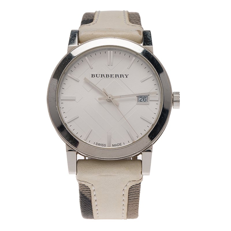Pre Owned Burberry White Stainless Steel Heritage BU1388 Women's Wristwatch 38MM 