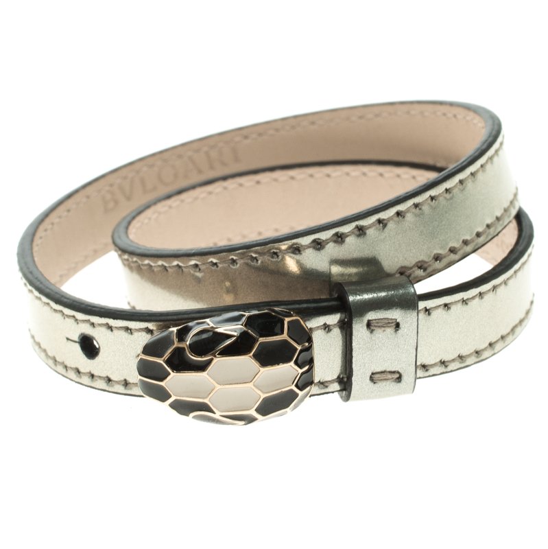 Pre Owned Bvlgari Serpenti Forever Enamel Double Coiled Silver Leather Gold Plated Bracelet