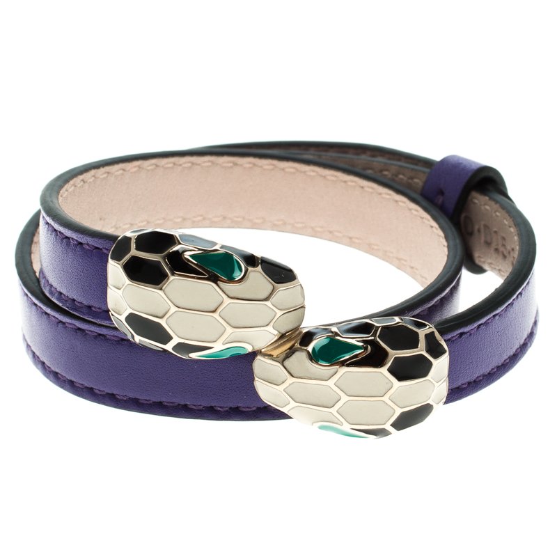 Bvlgari Serpenti Forever Enamel Violet Double Coiled Leather Gold Plated Bracelet