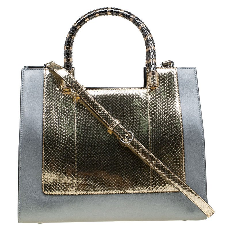 Pre Owned Bvlgari Grey/Gold Leather and Snakeskin Medium Serpenti Tote