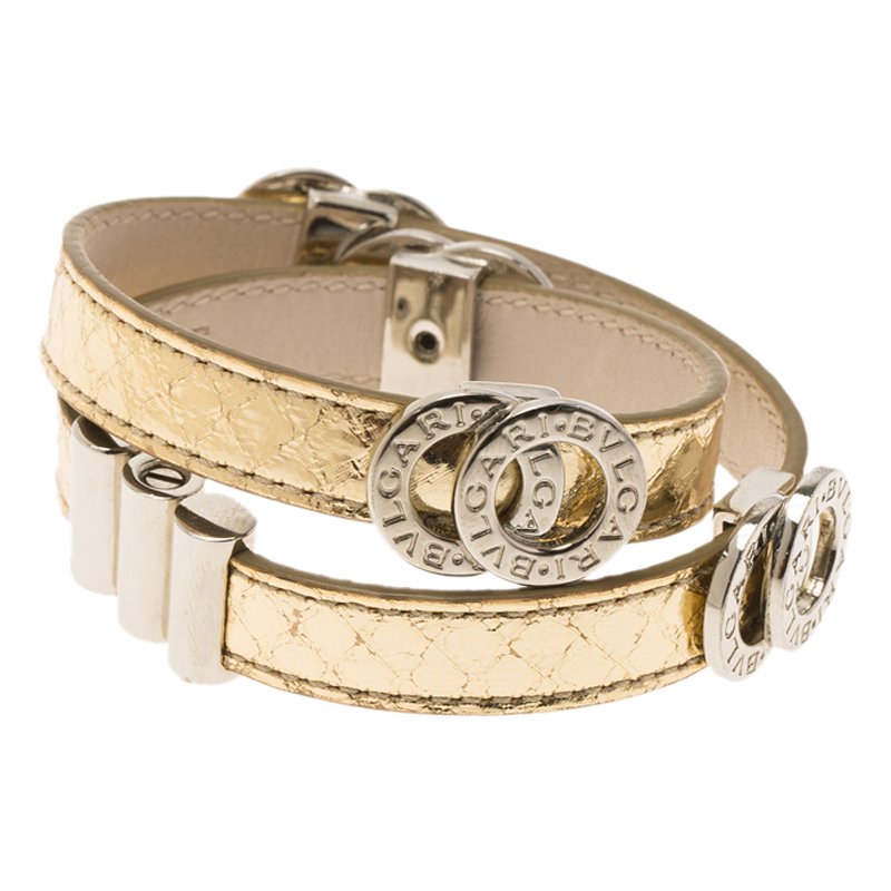 Pre Owned Bvlgari Bvlgari Metallic Gold Embossed Leather Palladium Plated Double Coiled Bracelet 16cm