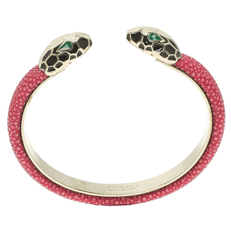 Bvlgari Serpenti Forever Enamel & Pink Galuchat Leather Gold Plated Open Cuff Bracelet 17 cm