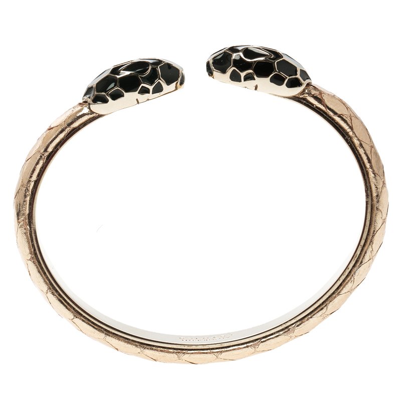 Bvlgari Serpenti Enamel and Gold Tone Leather Open Cuff Bracelet 17cm