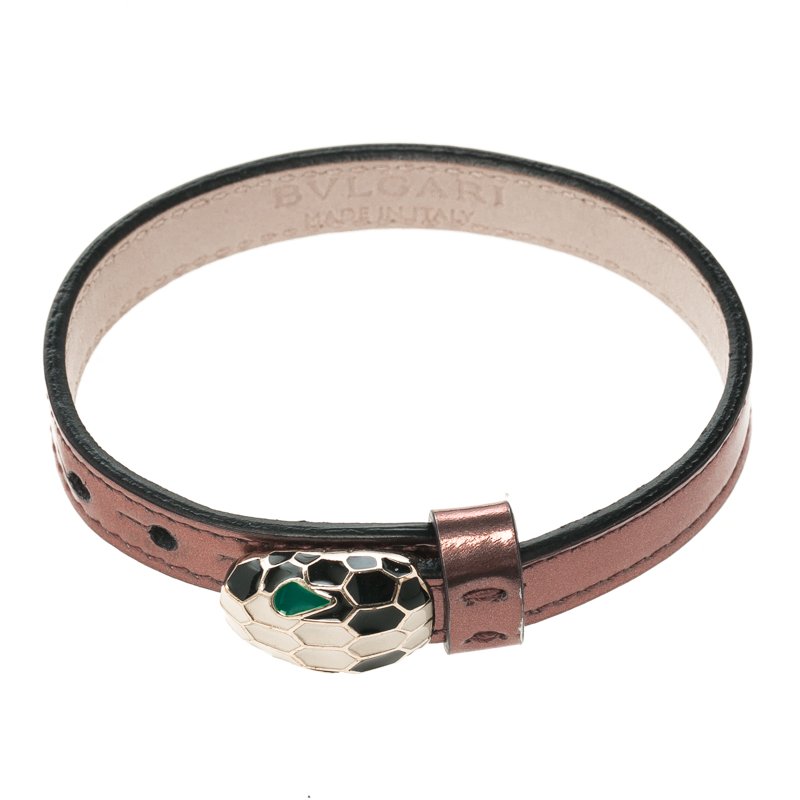 Pre Owned Bvlgari Serpenti Forever Antique Pink Metallic Leather Enamel Gold Plated Bracelet