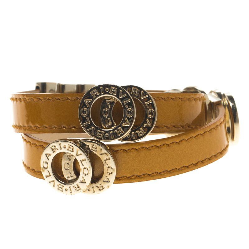 Bvlgari Brown Leather Double Coiled Gold Plated Bracelet 16cm