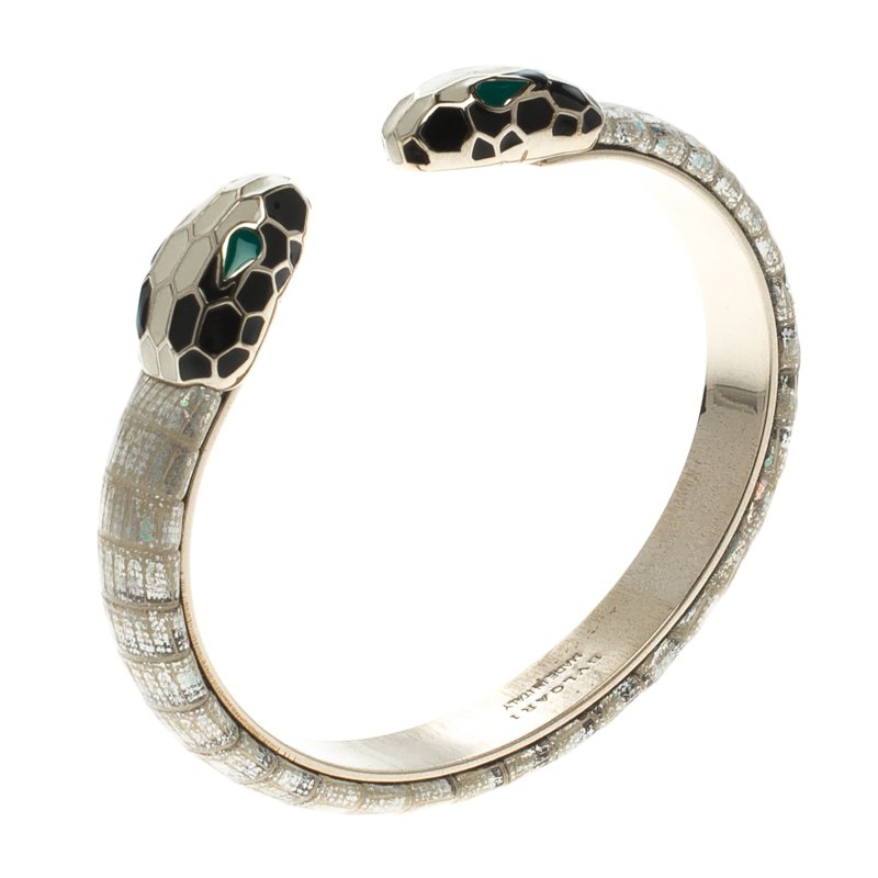 Pre Owned Bvlgari Serpenti Enamel Leather Gold Plated Open Cuff Bracelet Size 17cm