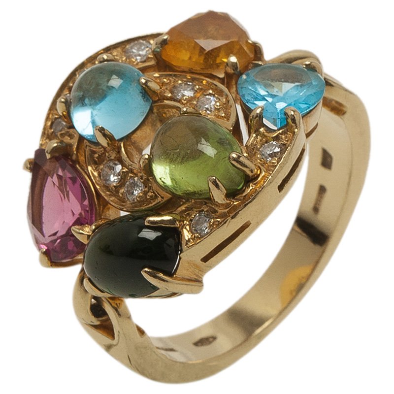 Bvlgari Astrale Colored Gemstones Yellow Gold Ring Size 53