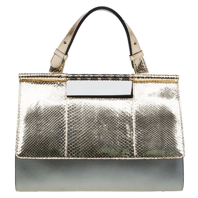 Pre Owned Bvlgari Grey/Gold Leather and Snakeskin Serpenti Scaglie Satchel