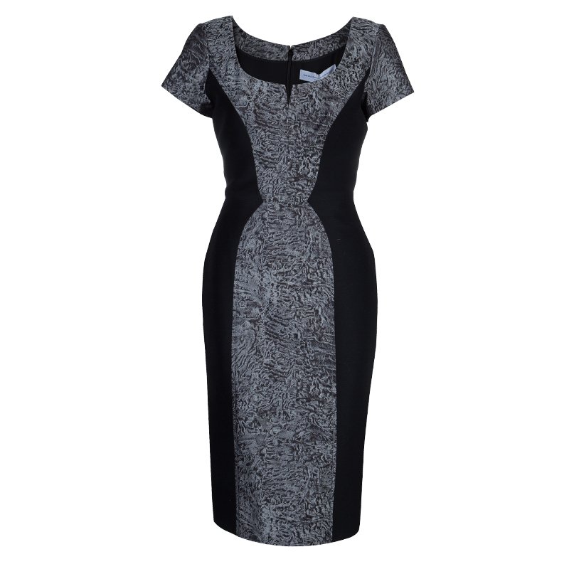 Pre Owned Carolina Herrera Black Contrast Hourglass Panel Detail Short Sleeve Dress M