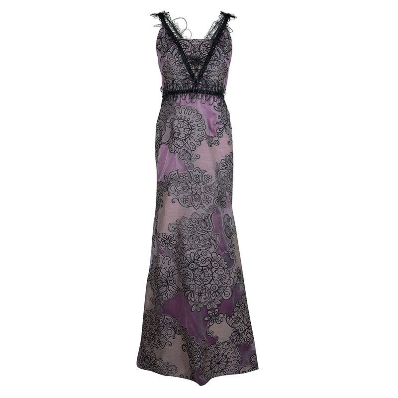 Pre Owned Carolina Herrera Purple Floral Corded Embellishment Detail Silk Gown L