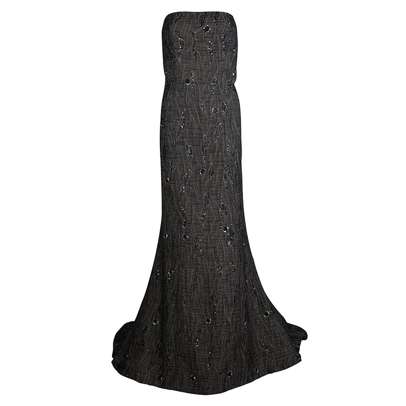 مملوكة مسبقًا Carolina Herrera Brown Cloque Embellished Strapless Gown L