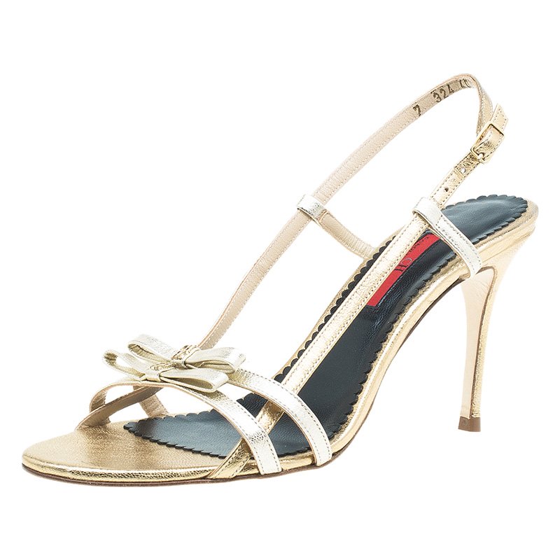 Pre Owned Carolina Herrera Gold Leather Bow Detail Slingback Sandals Size 40