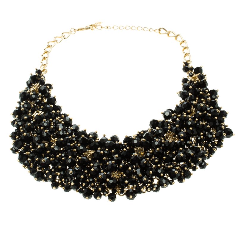 Pre Owned CH Carolina Herrera Black Beads Gold Tone Necklace