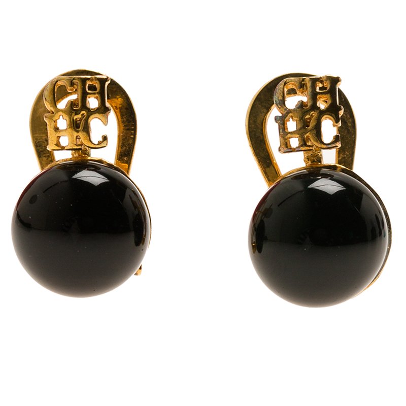 Pre Owned CH Carolina Herrera Black Pearl Gold Tone Metal Logo Earrings