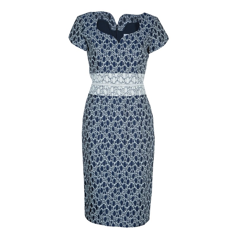 Carolina Herrera Blue and White Jacquard Cap Sleeve Dress M