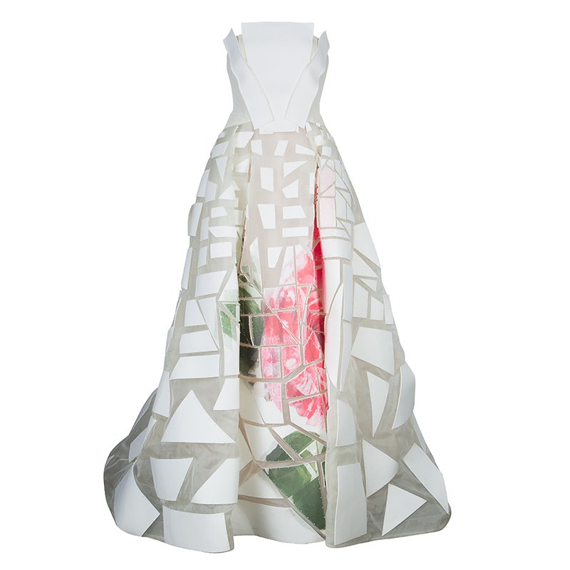 Carolina Herrera Geometric Printed Foam Applique Strapless Wedding Gown S