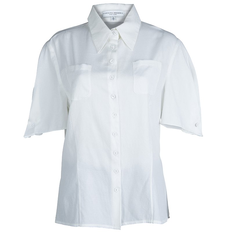 Pre Owned Carolina Herrera White Textured Cotton Cutout Back Detail Short Sleeve Shirt XL