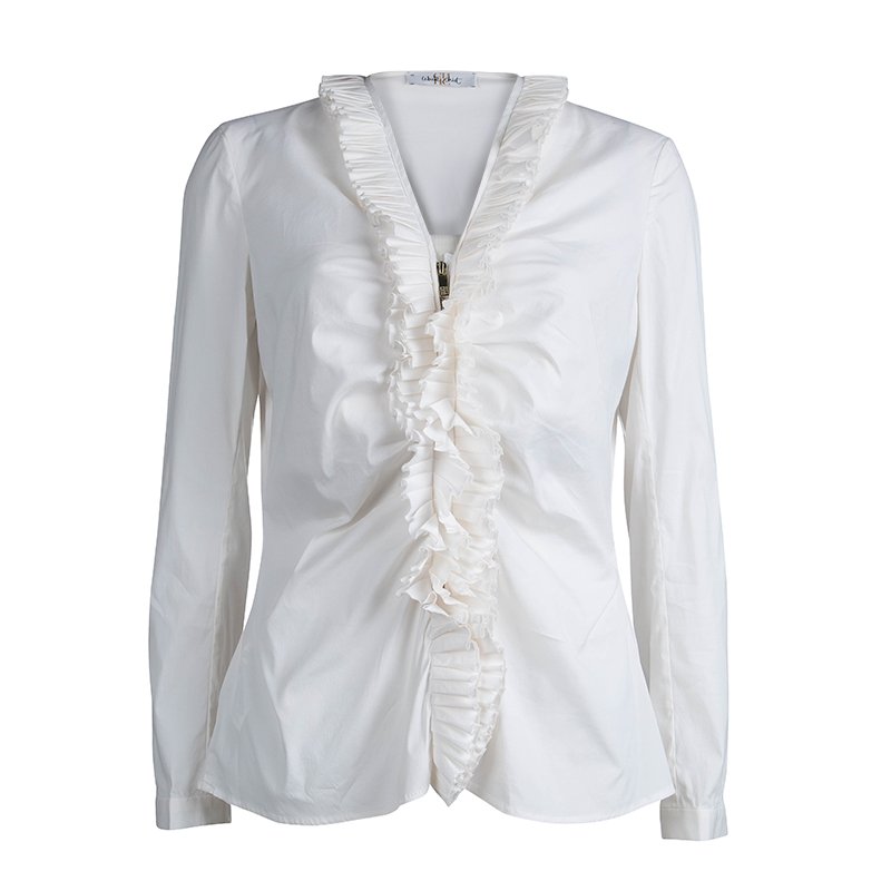 Pre Owned Carolina Herrera White Ruffle Detail Long Sleeve Top L
