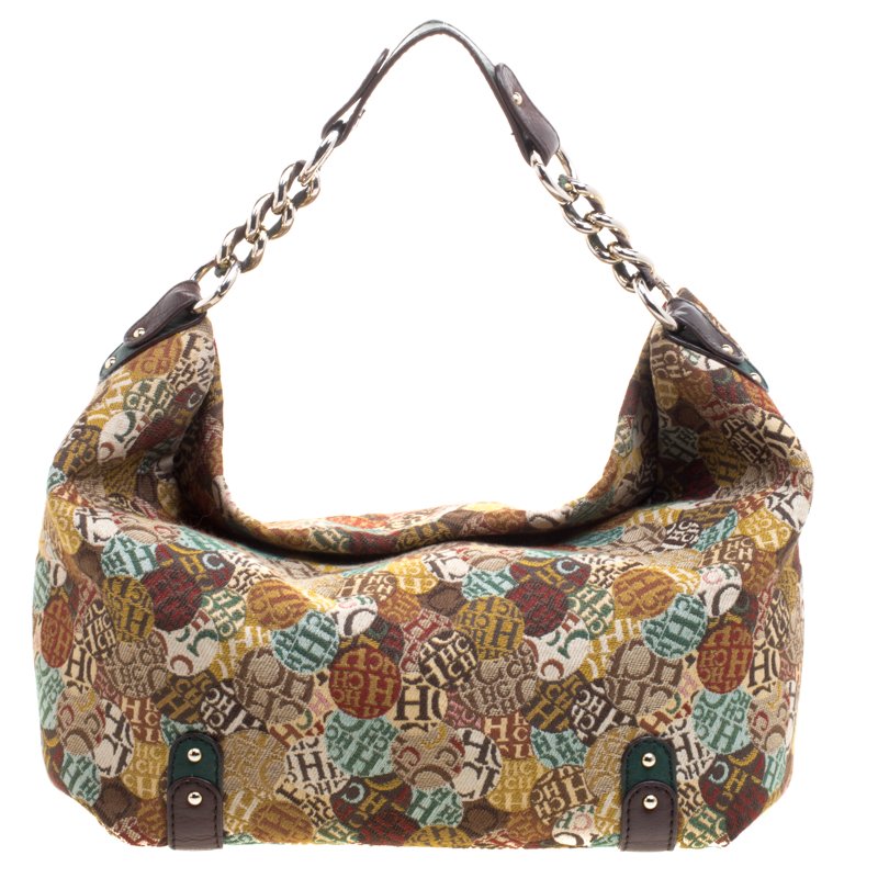 Pre Owned Carolina Herrera Multicolor Signature Print Fabric Hobo